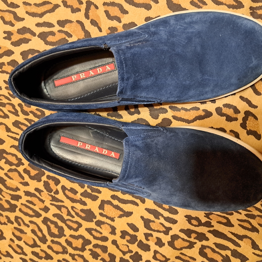 Prada Men's Blue Suede Slip-On Shoes